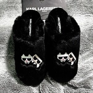 Karl Lagerfeld Black Furry Slippers with Iconic Motif